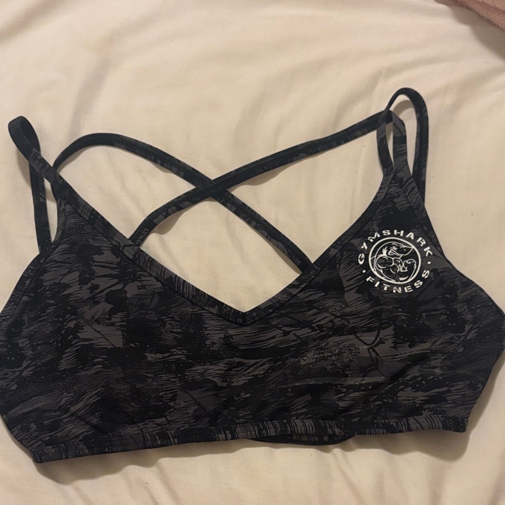 Gymshark Black & Gray Marble-Print Strappy Sports Bra